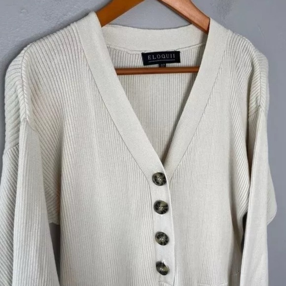 Eloquii Beige Long Sleeve Button Front Ribbed Sweater Knit Jumpsuit - Picture 9 of 12